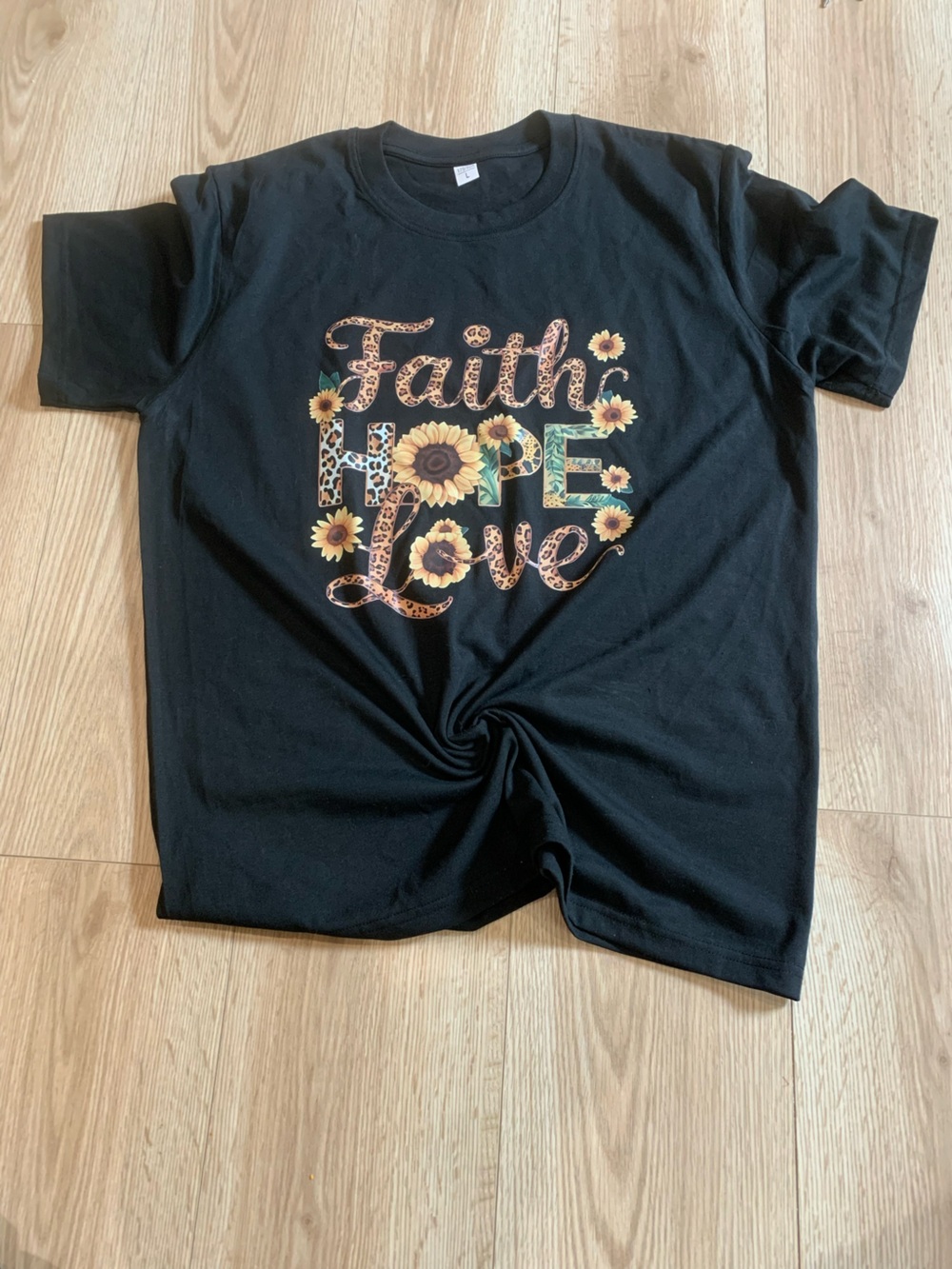 NWOT Black Graphic Tee with Sunflower & Leopard 'Faith Hope Love'